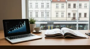 Biurko agencji marketingowej - laptop z rozmytymi wykresami obok stosu drukowanych magazynow z publikacjami sponsorowany