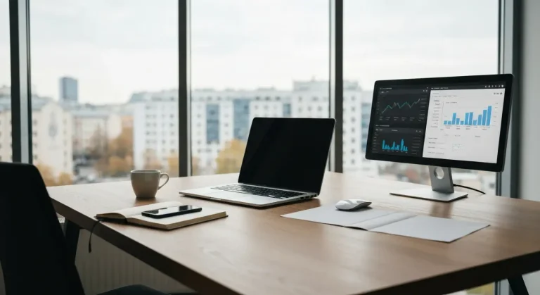 Nowoczesne biurko agencji SEO z laptopem i monitorem pokazujacym rozmyte panele wynikow wyszukiwania, w tle miejski biur