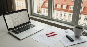 Biurko agencji SEO z laptopem, wydrukowanym artykułem z czerwonymi poprawkami redakcyjnymi i dokumentami zrodlowymi, w t