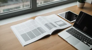 Jasne biurko agencji w Warszawie z otwartym magazynem, laptopem i tabletem pokazujacymi uklad artykulu obok kompaktowej