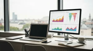 Nowoczesne biurko agencji marketingowej z laptopem i monitorem prezentujacym rozmyte wykresy analityczne, smartfonem i n