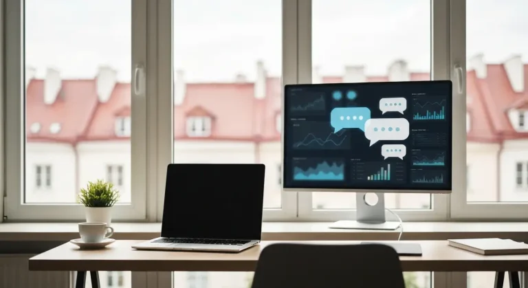 Nowoczesne biurko agencji marketingowej w Warszawie z monitorem pokazujacym rozmyte panele danych i symbole czatu AI, w
