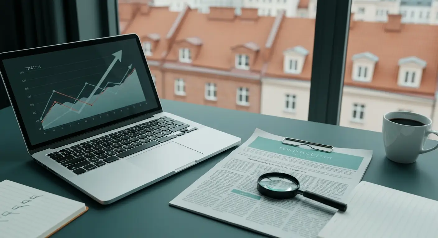 Biurko analityka SEO z laptopem pokazującym wykresy ruchu, wydrukowaną publikacją z zaznaczonym akapitem i lupą, przy ok