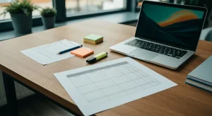 Biurko agencji SEO z wydrukowanym briefem contentowym, checklistą, karteczkami i laptopem w naturalnym świetle.