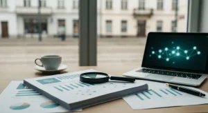 Biurko agencji SEO z lupa nad wydrukowanymi raportami z wykresami i laptopem pokazujacym siec polaczen linkowych, w tle
