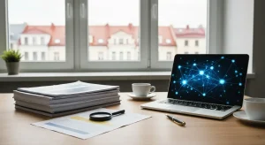 Uporzadkowane biurko agencji contentowej z wydrukowanymi raportami, lupa nad tekstem i laptop z abstrakcyjna siecia dany