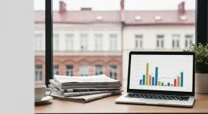 Biurko agencji marketingowej ze stosem magazynow i gazet obok laptopa z wykresem analitycznym, dzienne swiatlo z okna z