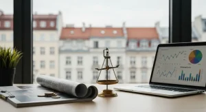 Mosiezna waga na biurku agencji wazaca monety wobec zwinietego artykulu, obok laptop z wykresami ruchu, w tle rozmyta pa