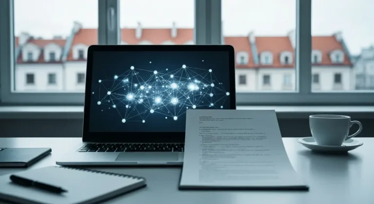 Laptop na biurku w warszawskim biurze agencji SEO z abstrakcyjnym grafem powiazanych linkow i otwartym plikiem tekstowym