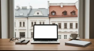 Biurko copywritera w agencji marketingowej - laptop z pustym ekranem, notes, pioro i kawa przy oknie z widokiem na dachy