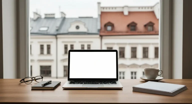 Biurko copywritera w agencji marketingowej - laptop z pustym ekranem, notes, pioro i kawa przy oknie z widokiem na dachy