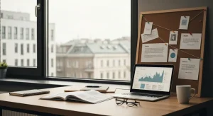 Nowoczesne biurko agencji marketingowej z laptopem, tablicą korkową z notatkami o autorach i wydrukowanym przewodnikiem