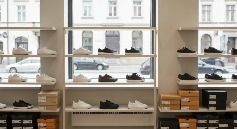 Wnetrze polskiego butikowego sklepu z obuwiem, sneakersy poukladane na jasnych polkach wedlug koloru i rozmiaru, dzienne