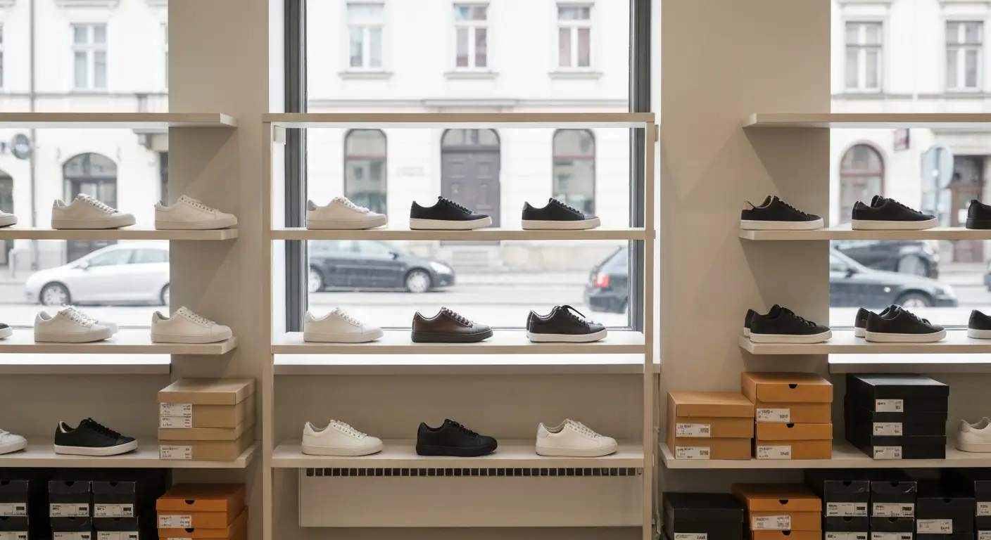 Wnetrze polskiego butikowego sklepu z obuwiem, sneakersy poukladane na jasnych polkach wedlug koloru i rozmiaru, dzienne