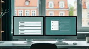 Nowoczesne biurko agencji SEO z dwoma monitorami - jeden z rankingiem wyszukiwarki, drugi z panelem odpowiedzi AI, w tle