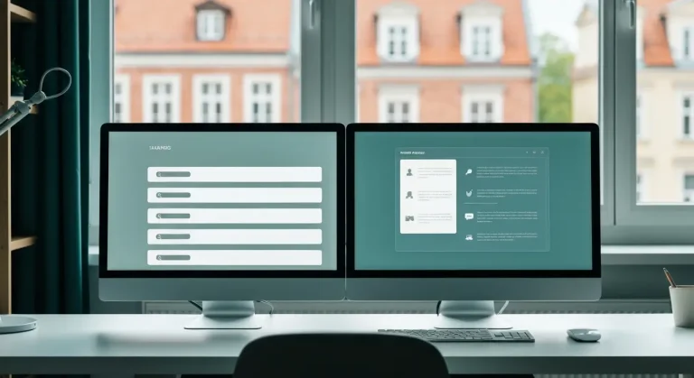 Nowoczesne biurko agencji SEO z dwoma monitorami - jeden z rankingiem wyszukiwarki, drugi z panelem odpowiedzi AI, w tle