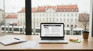 Jasne biurko w agencji SEO z otwartym laptopem, wydrukowana checklista i notatki, w tle okno z widokiem na kamienice
