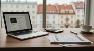 Biurko butikowej agencji marketingowej z laptopem, kalkulatorem i wydrukami artykulu w swietle dziennym, w tle rozmyte d