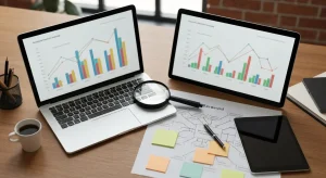 Biurko agencji SEO z laptopem i tabletem pokazujacymi rozmyte wykresy analityczne, mapa slow kluczowych i lupa w swietle