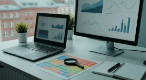 Biurko agencji SEO z laptopem i monitorem pokazującym rozmyte wykresy widoczności oraz lupę nad kolorowymi blokami danyc