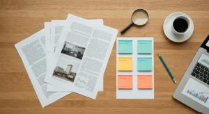 Widok z gory na biurko agencji marketingowej z rozlozonymi wydrukami artykulow i kolorowymi karteczkami posortowanymi w