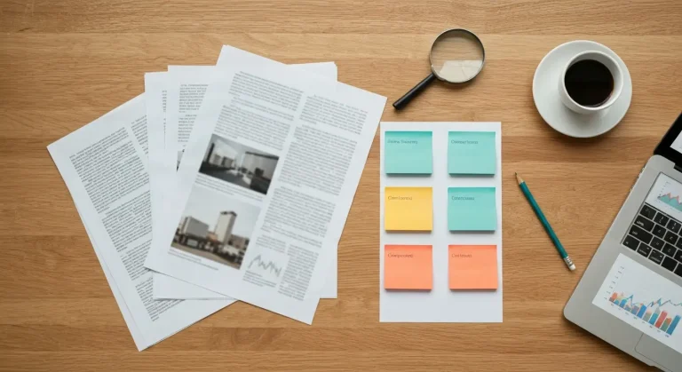 Widok z gory na biurko agencji marketingowej z rozlozonymi wydrukami artykulow i kolorowymi karteczkami posortowanymi w