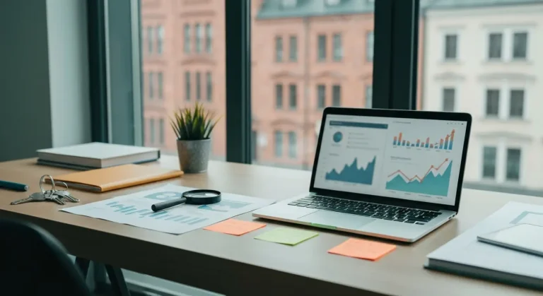 Biurko w nowoczesnym biurze agencji SEO z laptopem, raportami i kluczami symbolizujacymi bezpieczne przejecie dzialan li