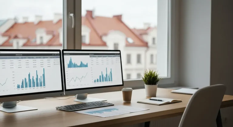 Biurko agencji SEO w Warszawie z monitorami pokazujacymi wykresy analityki ruchu i skutecznosci wyszukiwania, w tle rozm