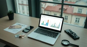 Biurko agencji marketingu cyfrowego z laptopem, wykresami, banknotami, kuponem i spinaczem w kształcie ogniwa lancucha s