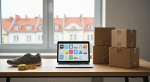 Nowoczesne biurko sklepu internetowego przy oknie - kartony wysyłkowe, laptop z rozmytą siatką produktów i but sportowy,