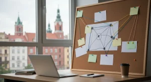 Biurko w agencji SEO z tablicą korkową i kartkami polaczonymi kolorowymi nitkami tworzacymi siec linkow, w tle rozmyta p