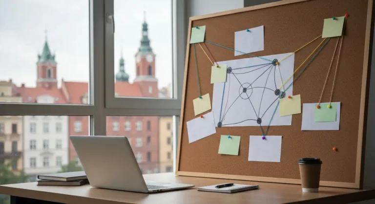 Biurko w agencji SEO z tablicą korkową i kartkami polaczonymi kolorowymi nitkami tworzacymi siec linkow, w tle rozmyta p