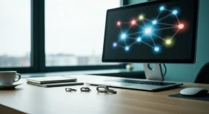 Biurko agencji SEO z laptopem pokazujacym siec polaczen i trzy metalowe ogniwa lancucha symbolizujace linki dofollow, no