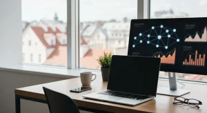 Nowoczesne biurko agencji SEO z laptopem i monitorem pokazującym rozmytą sieć powiązanych węzłów oraz wykresy ruchu, w t