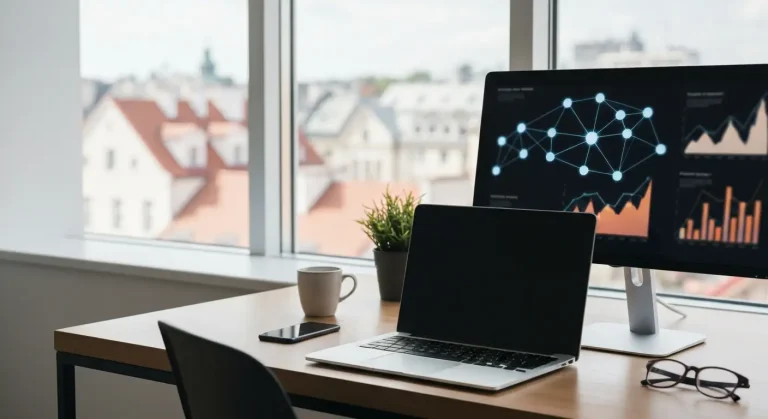 Nowoczesne biurko agencji SEO z laptopem i monitorem pokazującym rozmytą sieć powiązanych węzłów oraz wykresy ruchu, w t