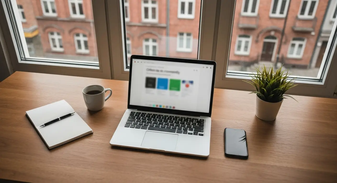 Biurko agencji SEO z laptopem pokazujacym rozmyty panel forum internetowego, notesem i kawa przy oknie z widokiem na mie