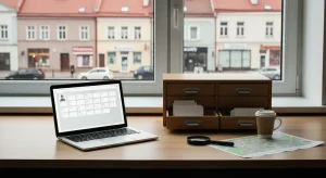 Biurko agencji SEO z laptopem i drewnianą szafką z kartami katalogowymi, w tle miejska pierzeja z lokalnymi witrynami sk
