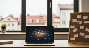 Nowoczesne biuro agencji SEO z laptopem pokazujacym siec polaczen i tablica z czerwonymi nitkami laczacymi kartki