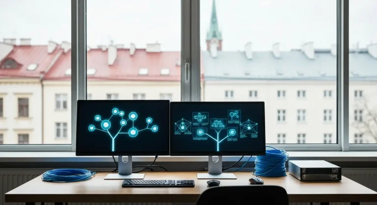 Nowoczesne biurko agencji SEO z monitorami pokazujacymi abstrakcyjne diagramy struktury witryny, swiatlem dziennym i wid