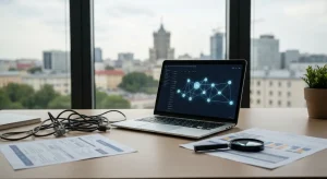 Biurko w agencji SEO z laptopem pokazującym schemat sieci linków, poplątane kable i wydruki audytu profilu linków, w tle