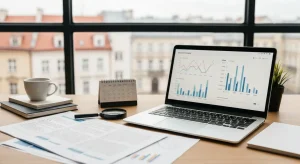 Biurko agencji SEO z wydrukami starych wpisow blogowych, lupa i laptop z wykresami statystyk w swietle dziennym