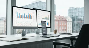Nowoczesne biurko agencji SEO z monitorem pokazującym wykresy ruchu i wzmianek marki oraz smartfonem z rozmową AI, w tle