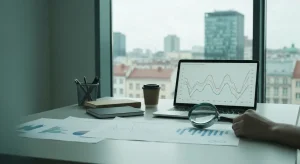 Biurko analityka SEO w warszawskim biurze z laptopem i wydrukiem wykresow pozycji fraz oraz lupa nad falujacymi liniami
