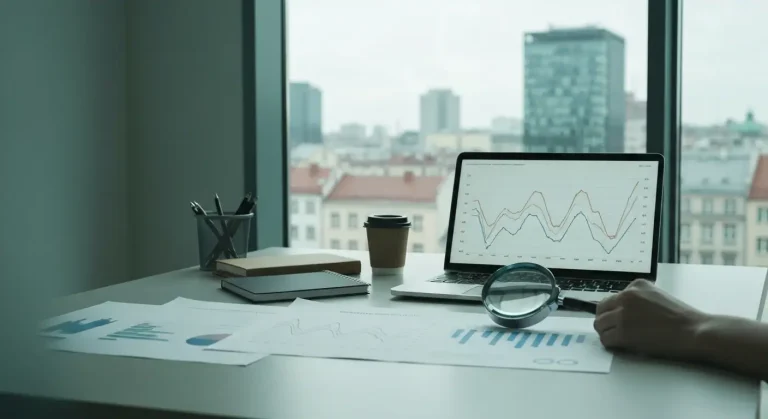Biurko analityka SEO w warszawskim biurze z laptopem i wydrukiem wykresow pozycji fraz oraz lupa nad falujacymi liniami