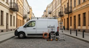 Bialy nieoznakowany bus serwisowy zaparkowany przy kamienicach polskiej ulicy, obok narzedzia i drabina rzemieslnika w p