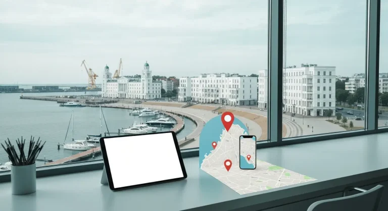 Nadmorska panorama Gdyni z modernistyczna architektura, marina z jachtami i biurkiem ze smartfonem oraz znacznikami loka