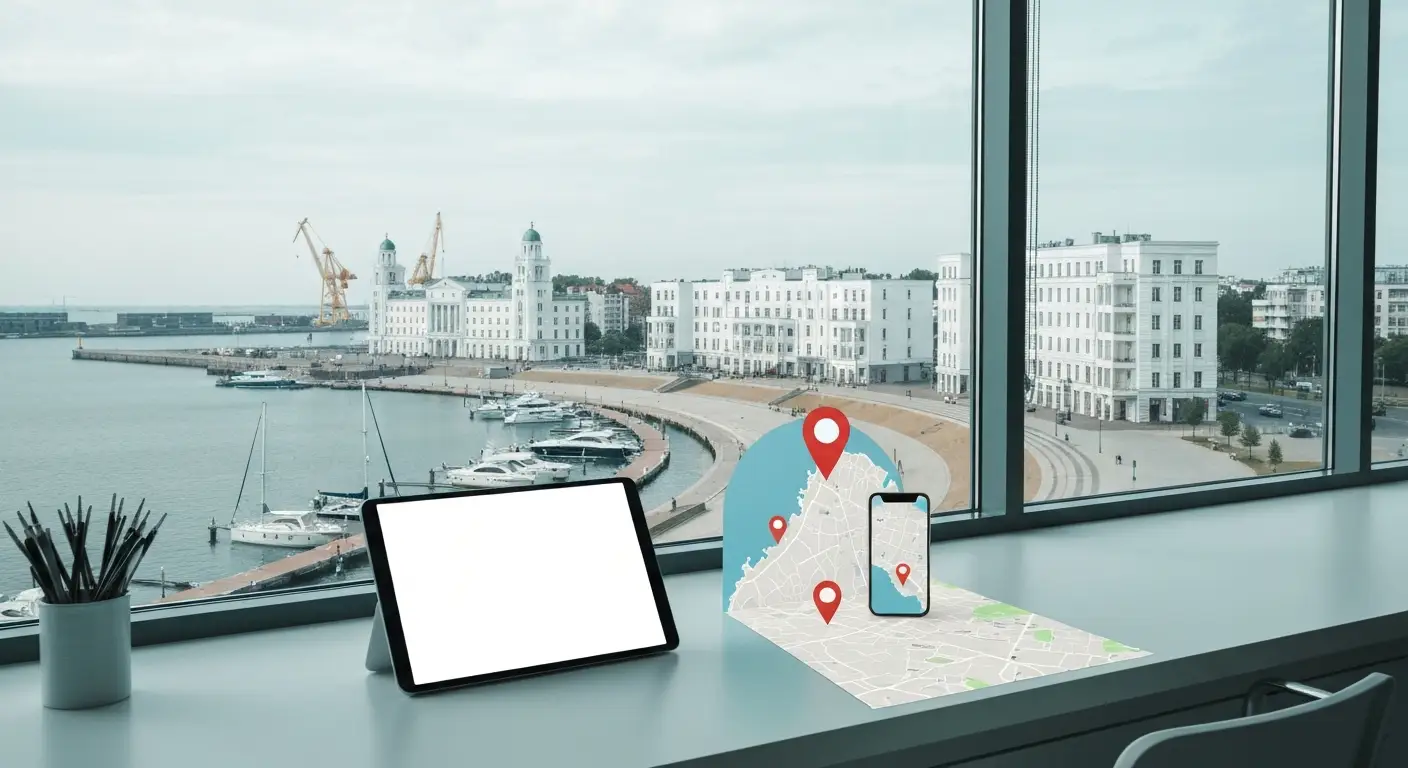 Nadmorska panorama Gdyni z modernistyczna architektura, marina z jachtami i biurkiem ze smartfonem oraz znacznikami loka
