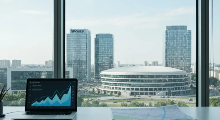 Panorama Katowic z nowoczesną architekturą i biurko z laptopem pokazującym wykresy analityki widoczności w wyszukiwarce