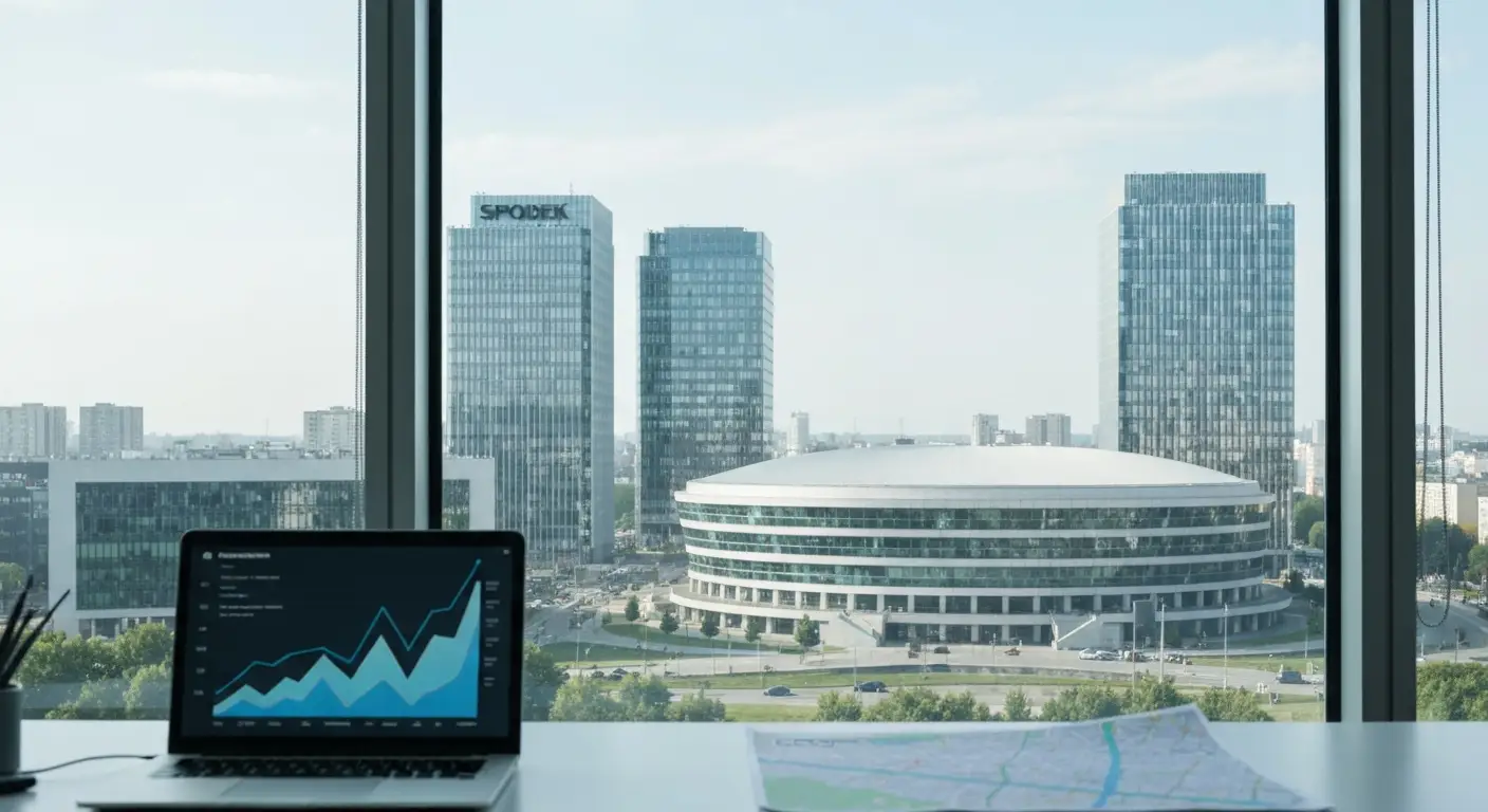 Panorama Katowic z nowoczesną architekturą i biurko z laptopem pokazującym wykresy analityki widoczności w wyszukiwarce