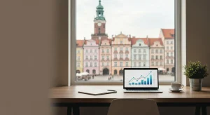 Nowoczesne biurko agencji marketingowej z laptopem i wykresami, w tle rozmyte kamienice poznanskiego Starego Rynku w por